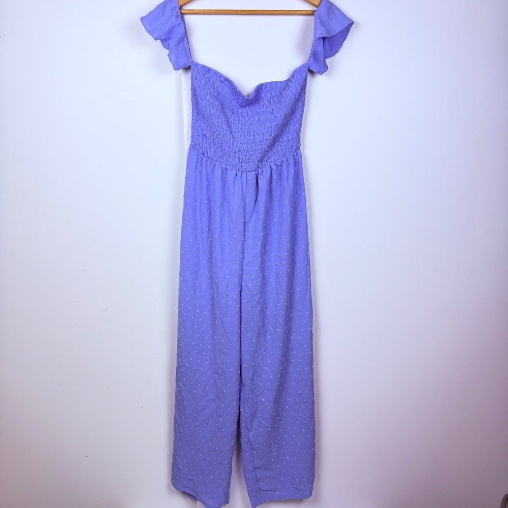 Simplee Lavender Swiss Dot Smocked Off Shoulder Wide Leg Jumpsuit Purple Size M